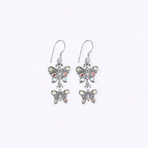 Twin Dangle Silver Butterfly Earrings With Multi Gemstone