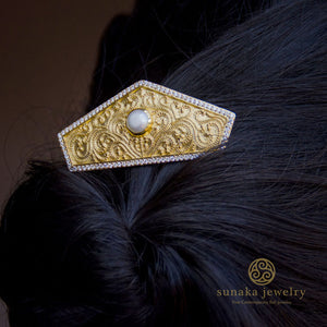 Tamiang White Pearl Hairpiece 22k Gold Over Sterling Silver