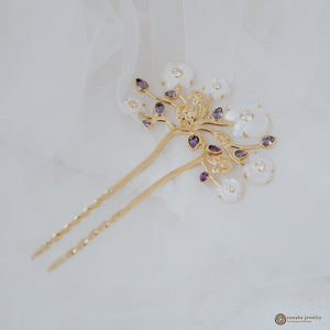 Anggrek Hairpiece in 925 Silver With Gold Plated, Amethyst and Zircon