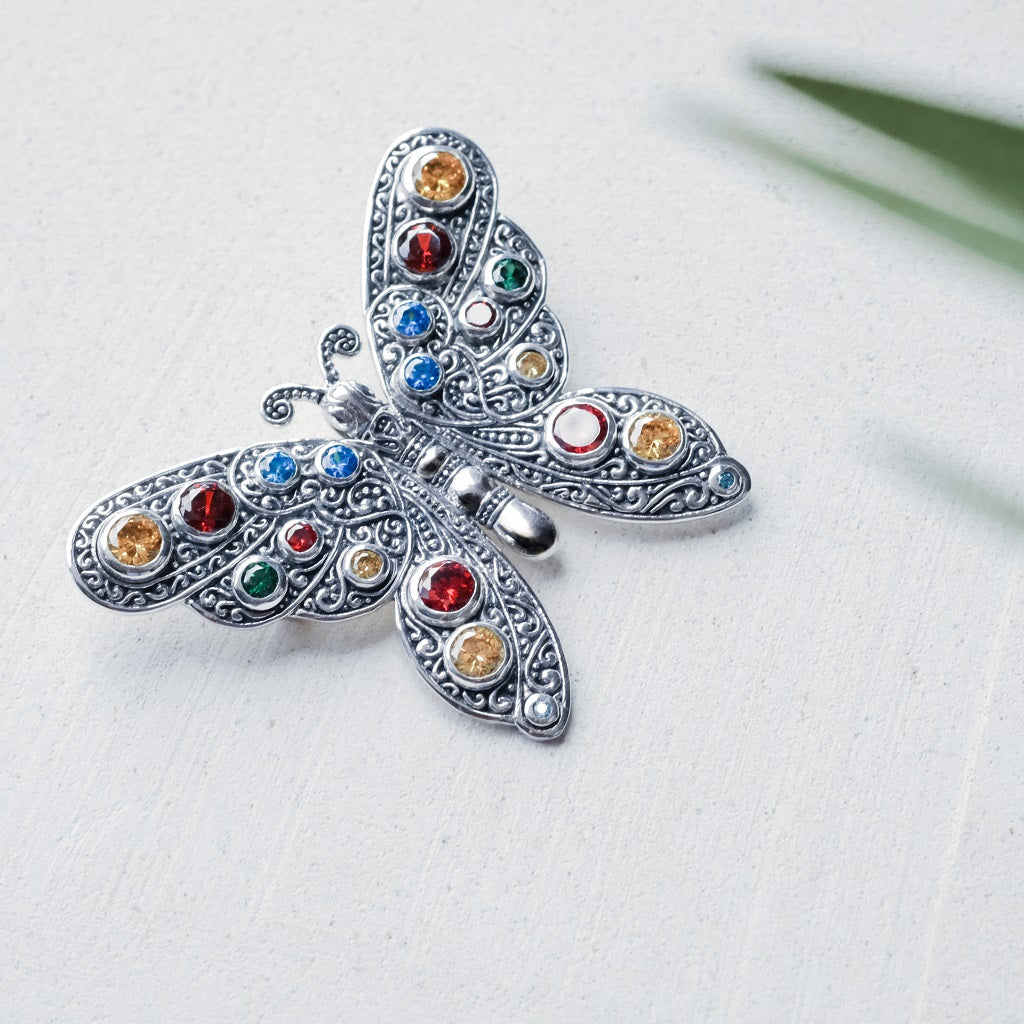 Large Sterling Silver Butterfly Brooch Pin With Multi Color Zircon