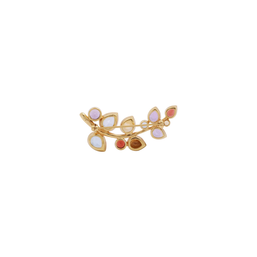 Elegance Mix Natural Gemstone Brooch Pin Leaf Shape In Sterling Silver With 18k Gold Plated Pelangi Collections