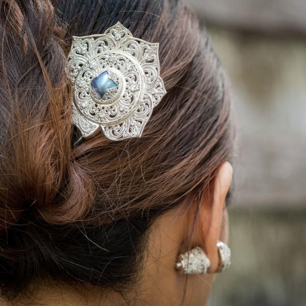 Padma Acala Balinese Hairpiece in Sterling Silver With Blue Mabe Pearl