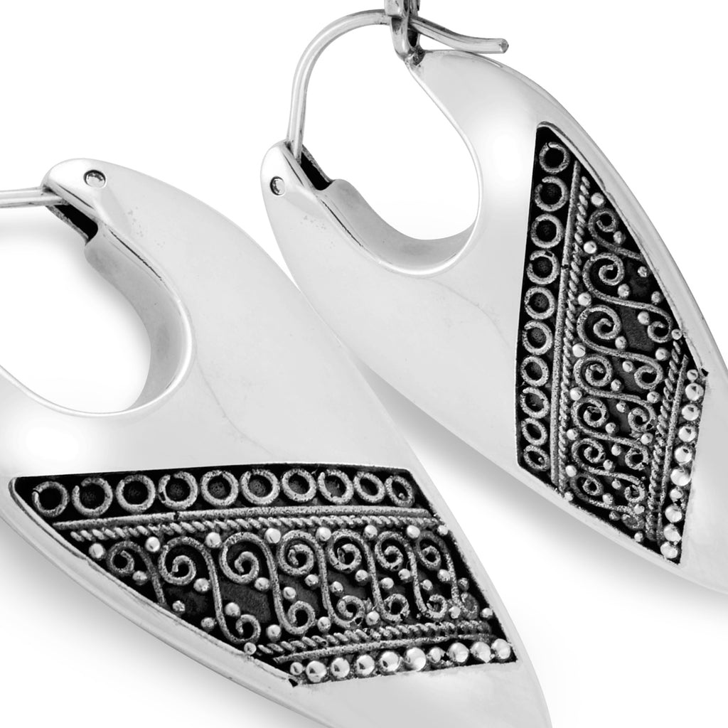Indonesian Batik Ornamentation Hoop Earrings in Sterling Silver