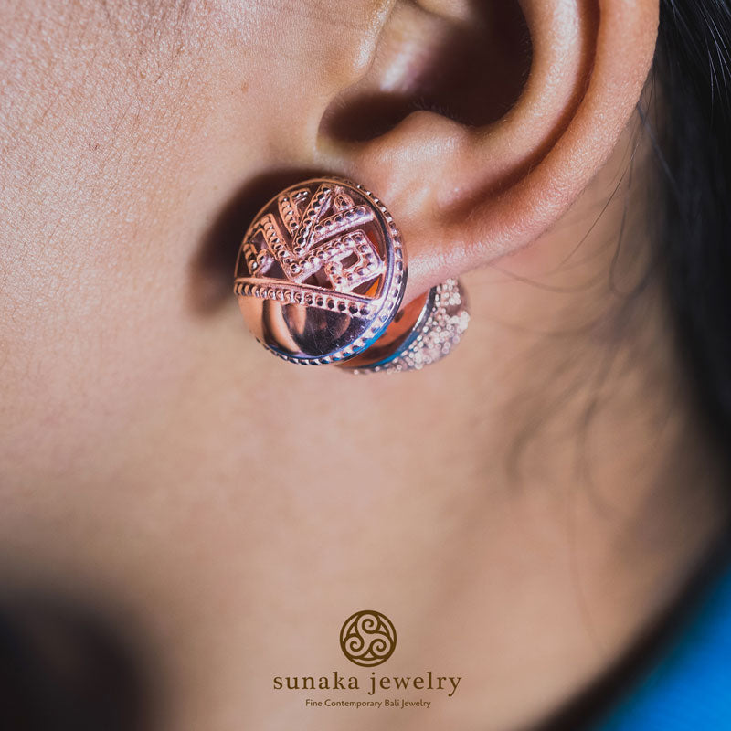 Songket Bali Traditional Earrings in Rose Gold Over Sterling Silver
