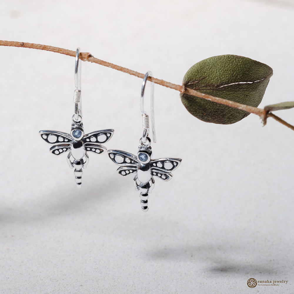 Dragonfly Gemstone Dangle Earrings in Sterling Silver