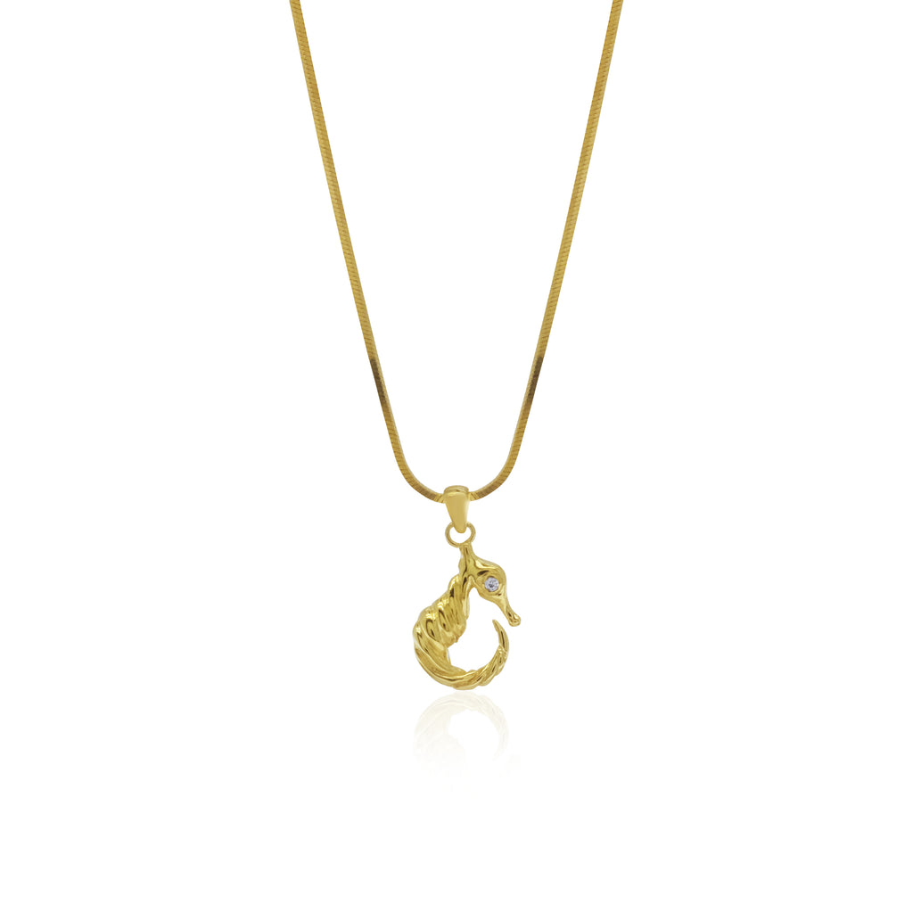 Single Seahorse Pendant In 925 Silver With Zircon/ Onyx and 24K Gold Plated/ Rhodium