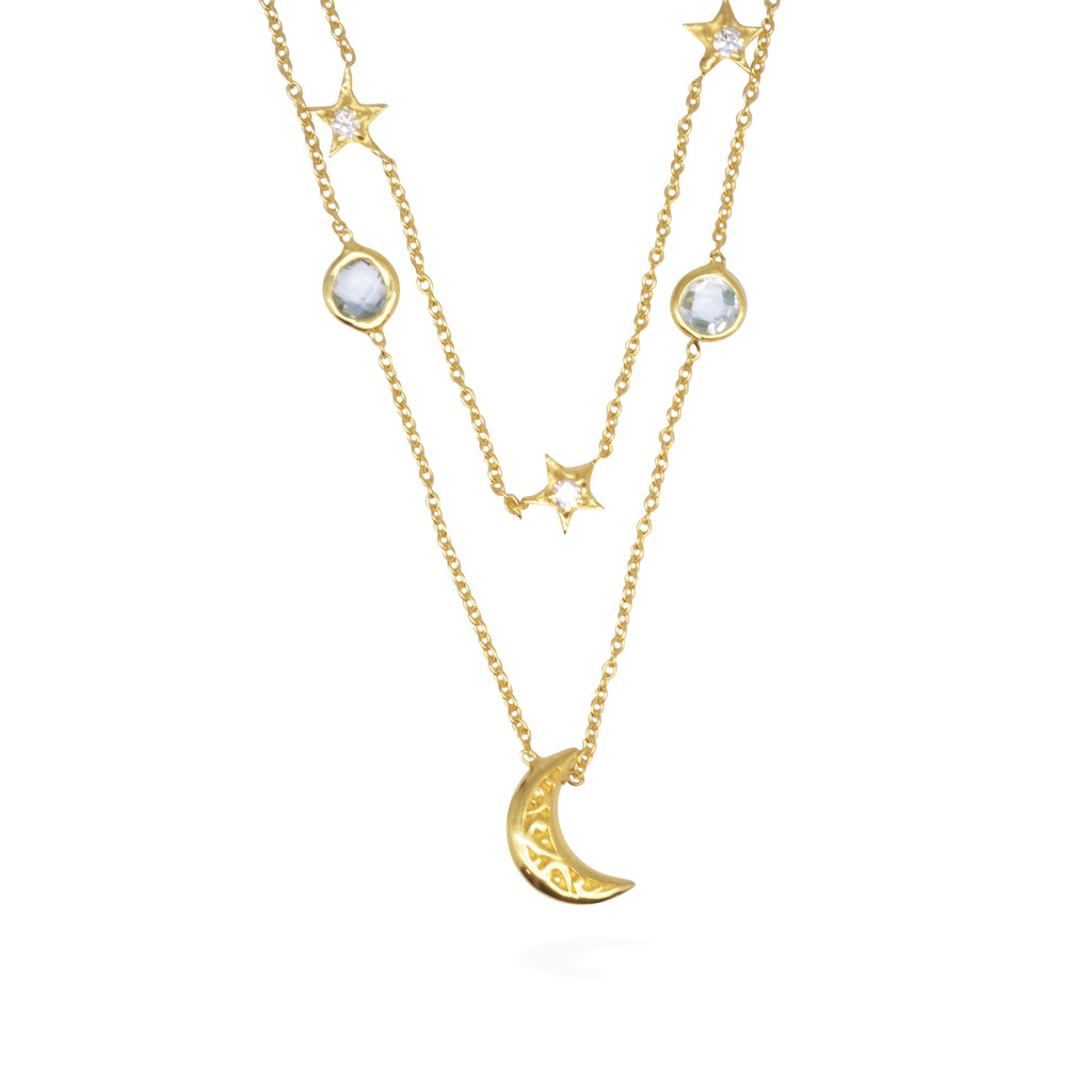 Moon Star Strad Necklace in 925 Sterling Silver With Blue Topaz, Zircon and 24k Gold PLated
