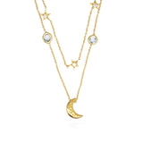 Moon Star Strad Necklace in 925 Sterling Silver With Blue Topaz, Zircon and 24k Gold PLated