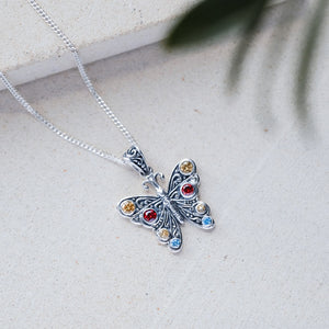 925 Sterling Silver Butterfly Pendant With Multi Color Gemstone