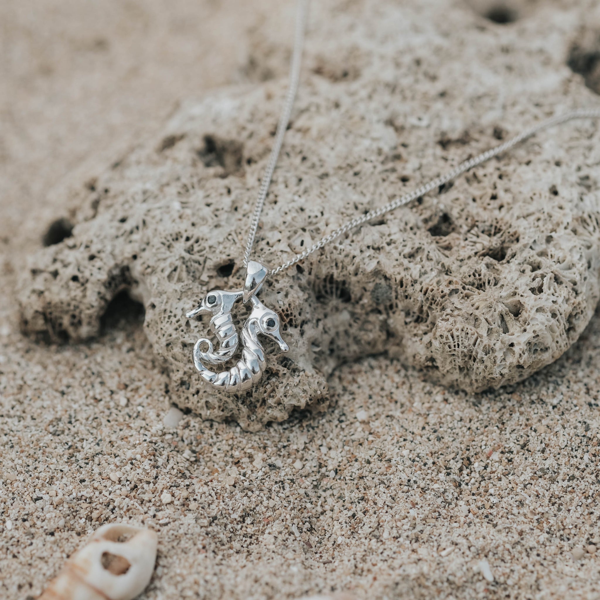 Cute Seahorse Pendant In Silver 925 With Zircon/ Onyx, and  24k Gold / Rhodium Plated
