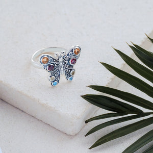 Statement Butterfly Ring Silver With Multi Color Gemstone