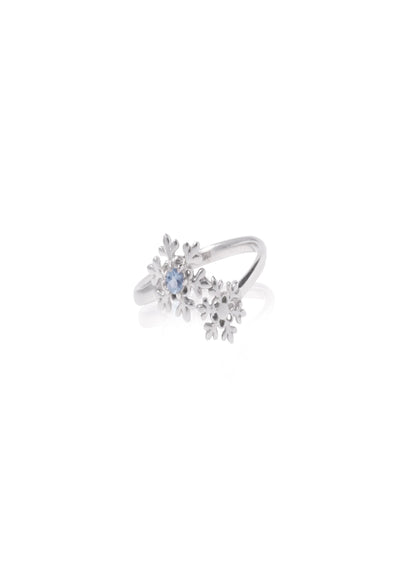 Silver ring with snowflake designs on a white background