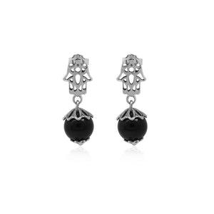 Hamsa Silver Drop Earring With Onyx Bead