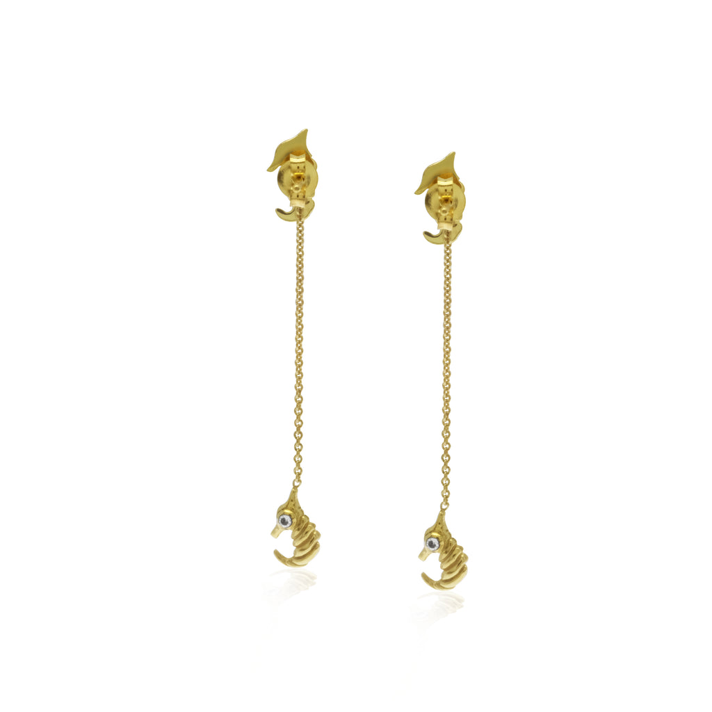 Seahorse Stud Drop Earrings In 925 Sterling Silver With Zircon/ Black Onyx, 24k Gold Plated/ Rhodium