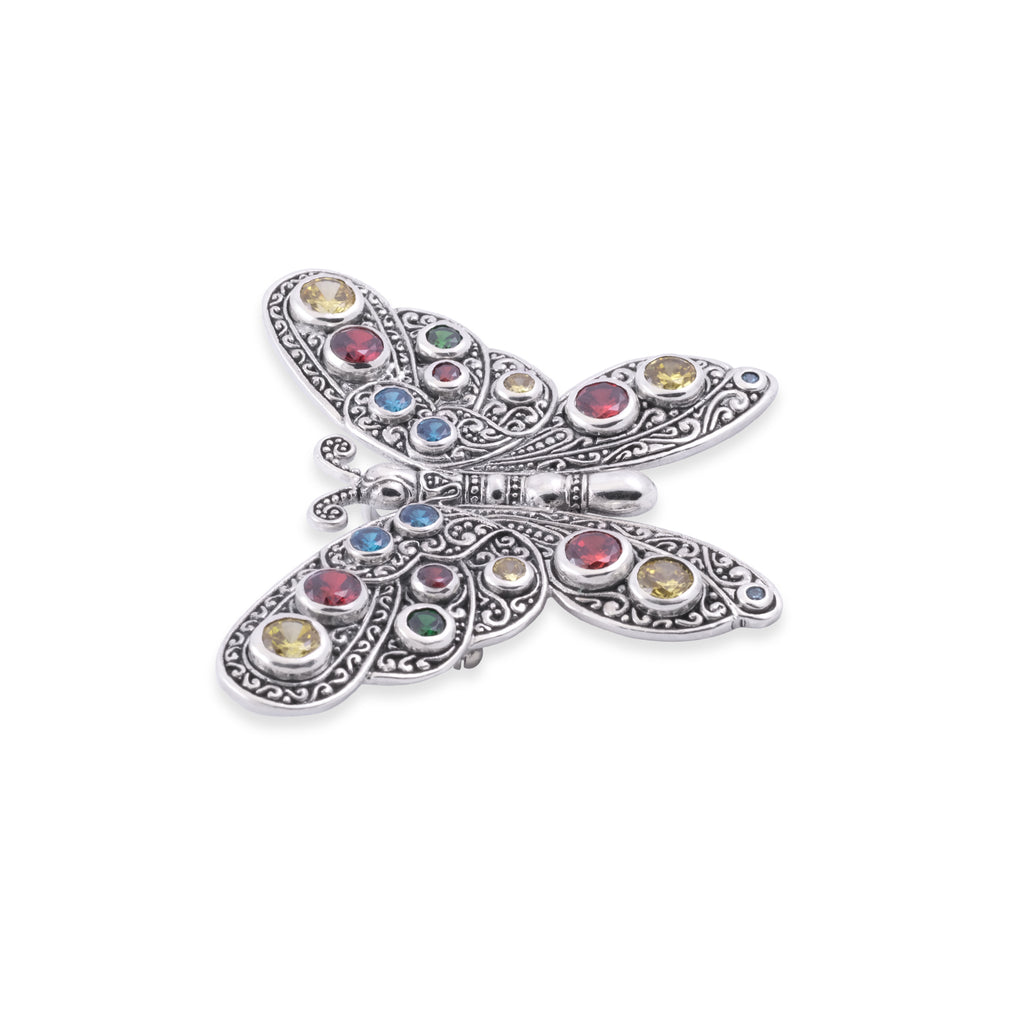 Large Sterling Silver Butterfly Brooch Pin With Multi Color Zircon