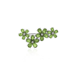 Floral Lush Brooch In 925 Sterling Silver With Peridot Gems And Rhodium Plated