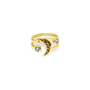 Split Moon Ring In 925 Sterling Silver With 24k Gold Plated, Blue Topaz, and Balinese Pattern