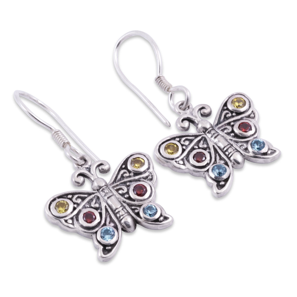 Sterling Silver Butterfly Dangle Silver Earrings With Multi Gemstone