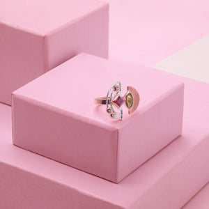 Nirmana Adjustable Ring In 925 Sterling Silver With Tree Stone, Rhodium and Rose Gold Plated