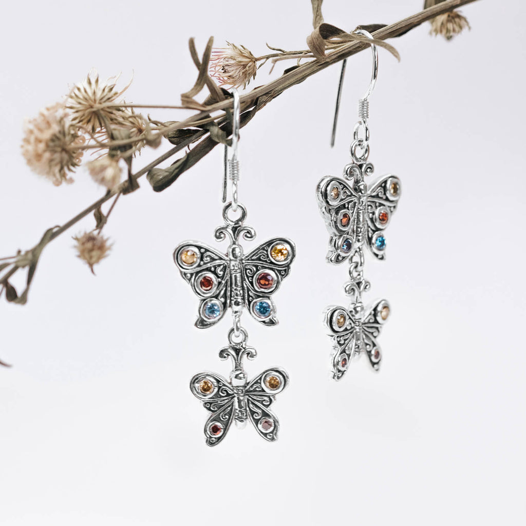 Twin Dangle Silver Butterfly Earrings With Multi Gemstone
